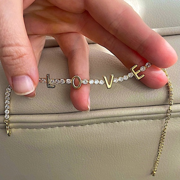 Gold Love Letter Cubic Zircon Pave Tennis Minimalist Bracelet - Picture 2 of 9